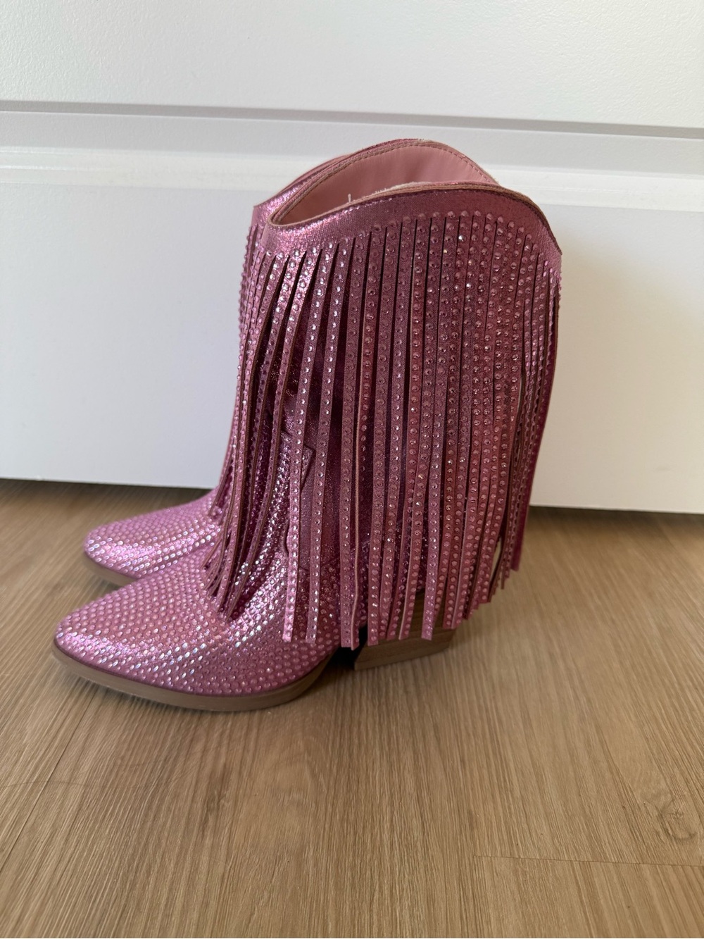 Soda Pink Rhinestone Fringe Western Ankle Boots